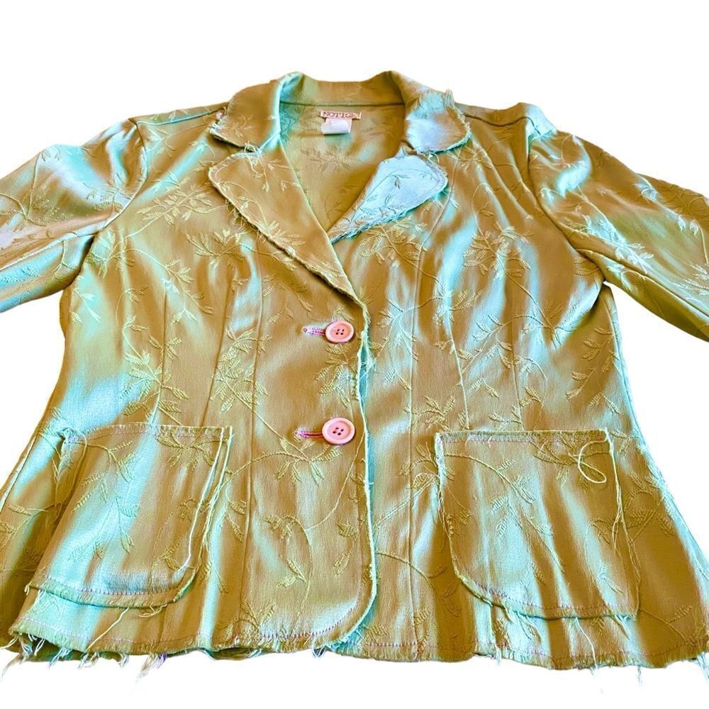 EUC Notice Green Raw Edged Blazer with Pink Buttons